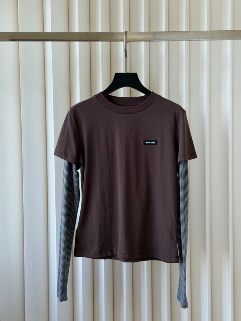 Miu Miu Brown Layered Striped Sleeve Tee